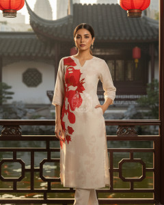 Beige Linen Botanical Print Kurta Set